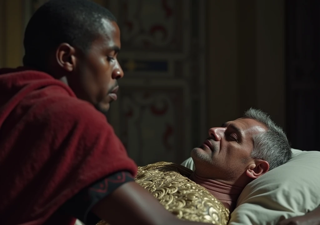 image where a young dark-skinned man of about 30 years old stealthily approaches in the middle of the night a Roman emperor with short, gray-blond hair, about 55 years old and thin, who is sleeping in his chambers in the ancient Roman empire