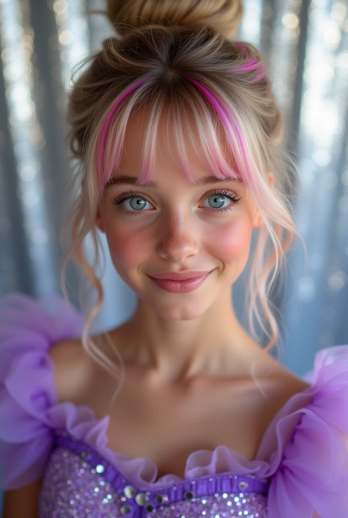 Create a young Brazilian woman in a 15th birthday photo shoot, wearing a purple princess dress, She has fair skin, Hair tied up, hair color is faded blonde with pink streaks in the bangs, and she has blue eyes., with a silver image background and glitter