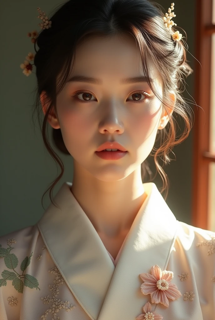 An elegantly dressed Japanese woman in natural light、A close-up of her chest and calm expression.、It shows her inner peace and outer charm.。