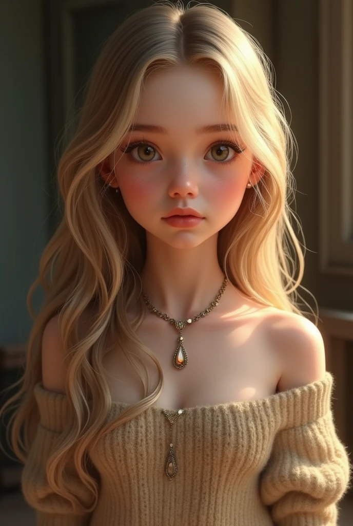 1fille de 13 ans, bare, Longhaire, smalll breasts, regarder le spectateur, blond hair, Bare shoulders, Brown eyes, jewels, tout le corps, neckleace, off shoulder, Pull-over, Lips, realistic, nose, Flirting with the naked camera