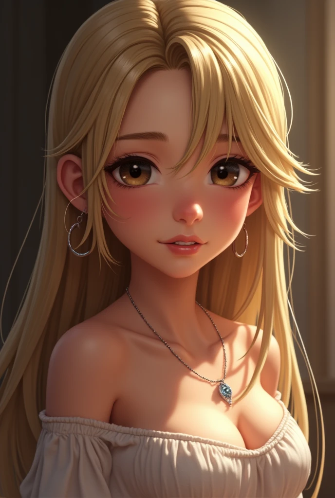 1fille de 13 ans, bare, Longhaire, smalll breasts, regarder le spectateur, blond hair, Bare shoulders, Brown eyes, jewels, tout le corps, neckleace, off shoulder, Pull-over, Lips, realistic, nose, Flirting with the naked camera 

