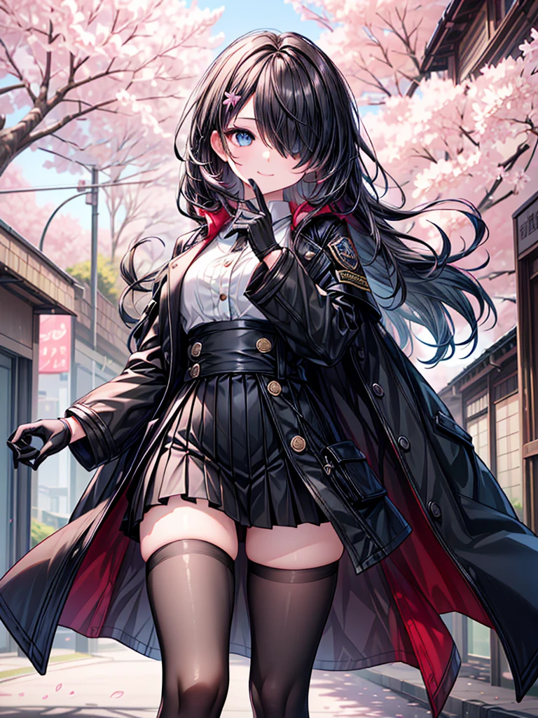 ((Oriental Project)),((masterpiece)),((Highest quality)),((Fascinating)),((alone)),((Deep blue pupils)),((Beautiful Blue Eyes)),((Wearing a black coat)),((Wearing a black mini skirt,She is wearing black tights under her skirt)),((Slim body)),((length, Shiny black hair)),((Her left eye is completely hidden by her bangs)),((Her hair is parted, and you can see her eyes through it)),((Wearing black gloves)),((hair over one eye,long hair)),((Running fingers through my hair)),((Complex background)),((Fluttering cherry blossoms)),(Smile)