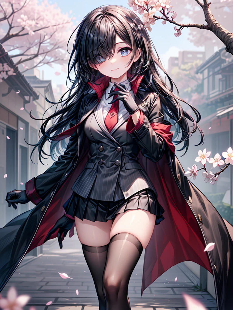 ((Oriental Project)),((masterpiece)),((Highest quality)),((Fascinating)),((alone)),((Deep blue pupils)),((Beautiful Blue Eyes)),((Wearing a black coat)),((Wearing a black mini skirt,She is wearing black tights under her skirt)),((Slim body)),((length, Shiny black hair)),((Her left eye is completely hidden by her bangs)),((Her hair is parted, and you can see her eyes through it)),((Wearing black gloves)),((hair over one eye,long hair)),((Running fingers through my hair)),((Complex background)),((Fluttering cherry blossoms)),(Smile)