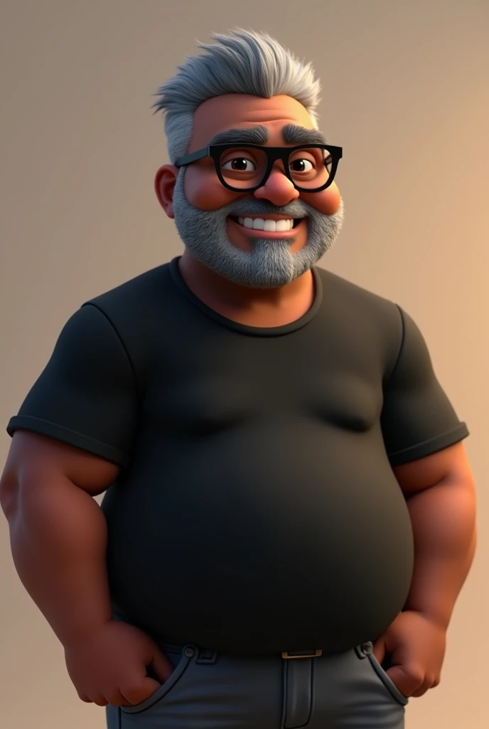 Cartoon character of a middle-aged black man with very short hair, wearing black glasses. Stylized character, animation-style rendering, 3D stylized rendering, Arnold Maya render, 3D stylized render, toon Keyshot render, 3D character, 3D stylized rendering, cartoon character, character close-up, character pose, Pixar style, high quality, cinematic lighting, sharp focus, detailed texture, detailed skin, clay, bokeh, 8K. The man should have the following characteristics: A middle-aged viril man a slight overweight, casually relaxed hands. His skin tone is dark brown with a warm undertone. He has only two prominent vertical wrinkles between his eyebrows. His beard is very short, trimmed, and sparse, with more white hairs on the chin and the rest being dark gray. His hair is gray, extremely short on top, styled to the right side, and shaved on the sides. He wears modern black glasses. His eyebrows are thick and well-defined, and his eyes are very dark brown, conveying warmth and friendliness. The man is dressed in an oversized black t-shirt and dark gray pants without a belt.