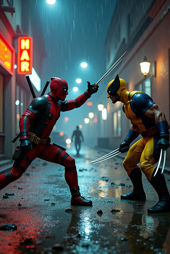 Create a dynamic scene featuring Deadpool and Wolverine in a dramatic confrontation. Set the scene in a dark, rain-soaked alley at night. Deadpool, in his signature red and black suit, is in mid-action, wielding his katanas and striking a pose with a confident smirk. Wolverine, in his classic yellow and blue costume, is readying his claws for battle, his expression fierce and determined.The alley is illuminated by flickering neon signs and the occasional flash of lightning, casting dramatic shadows and reflections on the wet pavement. Capture the intense energy of their duel, with rain splashing around them and debris scattered on the ground. Use a high-resolution camera to capture sharp details of their costumes and the rain, with a slightly low-angle perspective to emphasize the action and tension. Apply a cool color tone with contrasting warm highlights to enhance the dramatic effect."