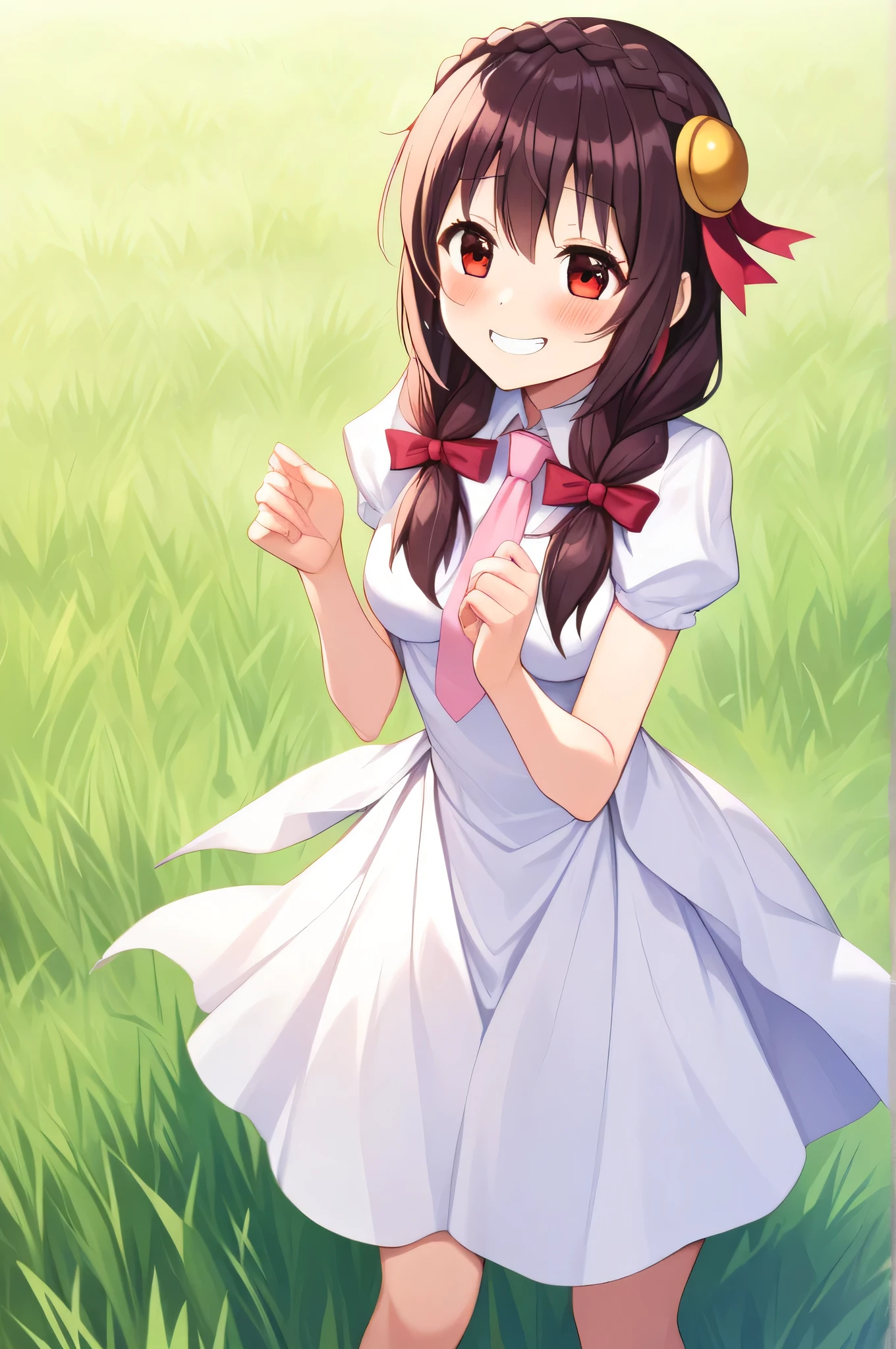 alone, One girl, Yunyun, (Grinning expression:1.5)、 (blush:1.5)、Crown braids of the same color as your hair, Red Eyes、hair ornaments, Hair Ribbon, Pink tie, White dress、 grassland、I'm in tears、The wind is blowing、Hair and skirts fluttering