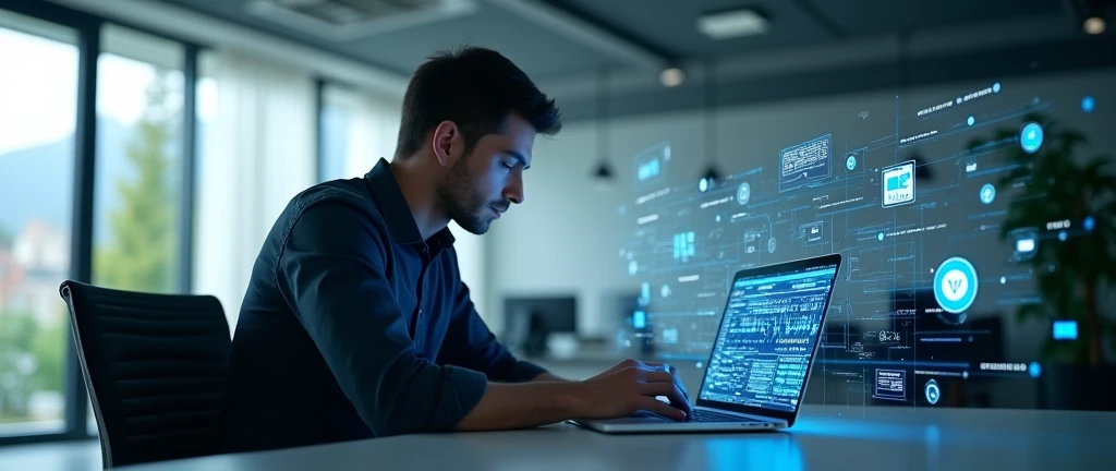 tech-savvy professional, focused men, modern office environment, laptop screen displaying project data, augmented reality social media icons, internet of things concept, connected devices, digital overlay, natural lighting, subtle shadows,