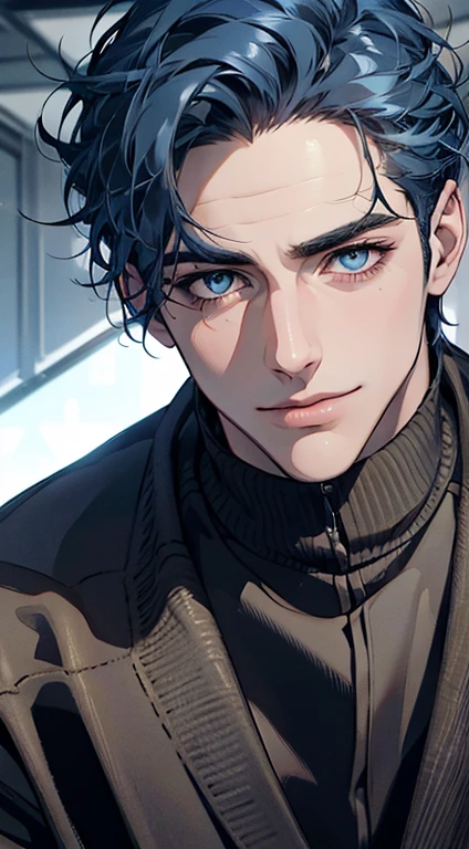 (best quality,4k,8k,highres,masterpiece:1.2),ultra-detailed,(realistic,photorealistic,photo-realistic:1.37),1 man,31 years old,mature man,very handsome,without expression,smile,short blue hair,blue eyes,penetrating gaze,perfect face without errors,imposing posture,businessman,office background,cinematic lighting,hdr image