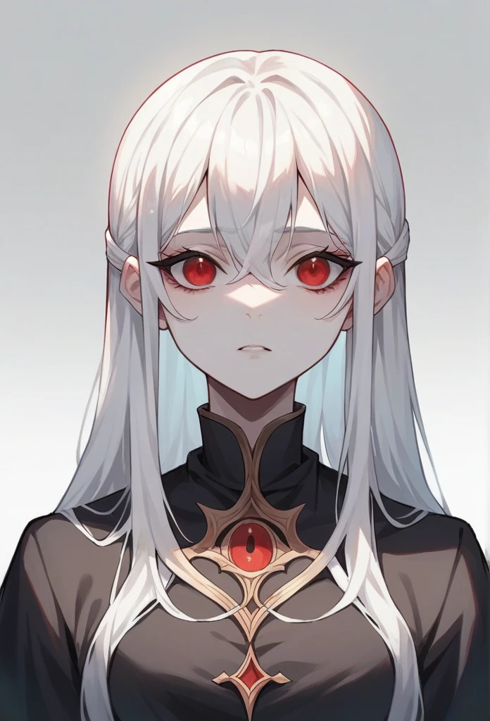 Princess of pale skin, red eyes and long white hair, using a black tunic.. 