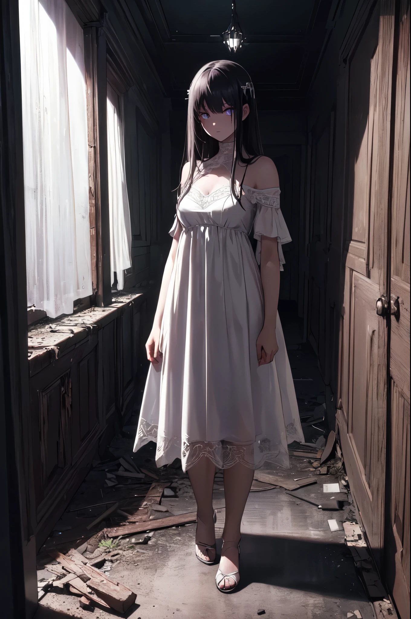 (High quality, High resolution, Fine details), night, (dark horror:1.2), (Dark corridor of an abandoned house), white dress, Standing in the distance, solo, women, glowing eyes, (Detailed eyes:1.2), expressionless, Full body image, (Dark tones:1.2), (Dark atmosphere:1.2), shallow depth of field