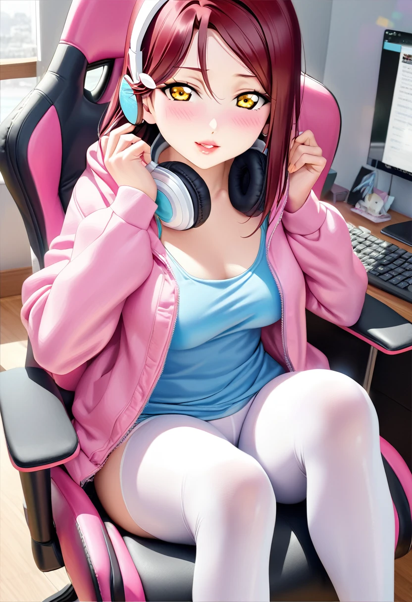 masterpiece, best quality, 1girl, sakurauchi riko from love live, yellow eyes, beautiful detailed eyes, beautiful detailed lips, blue tank top, pink jacket, headphones, detailed face, sitting on gaming chair, looking at viewer, erotic figure, white leggings, ultra-detailed, photorealistic, photo-realistic:1.37, vivid colors, professional, 4k, 8k, highres