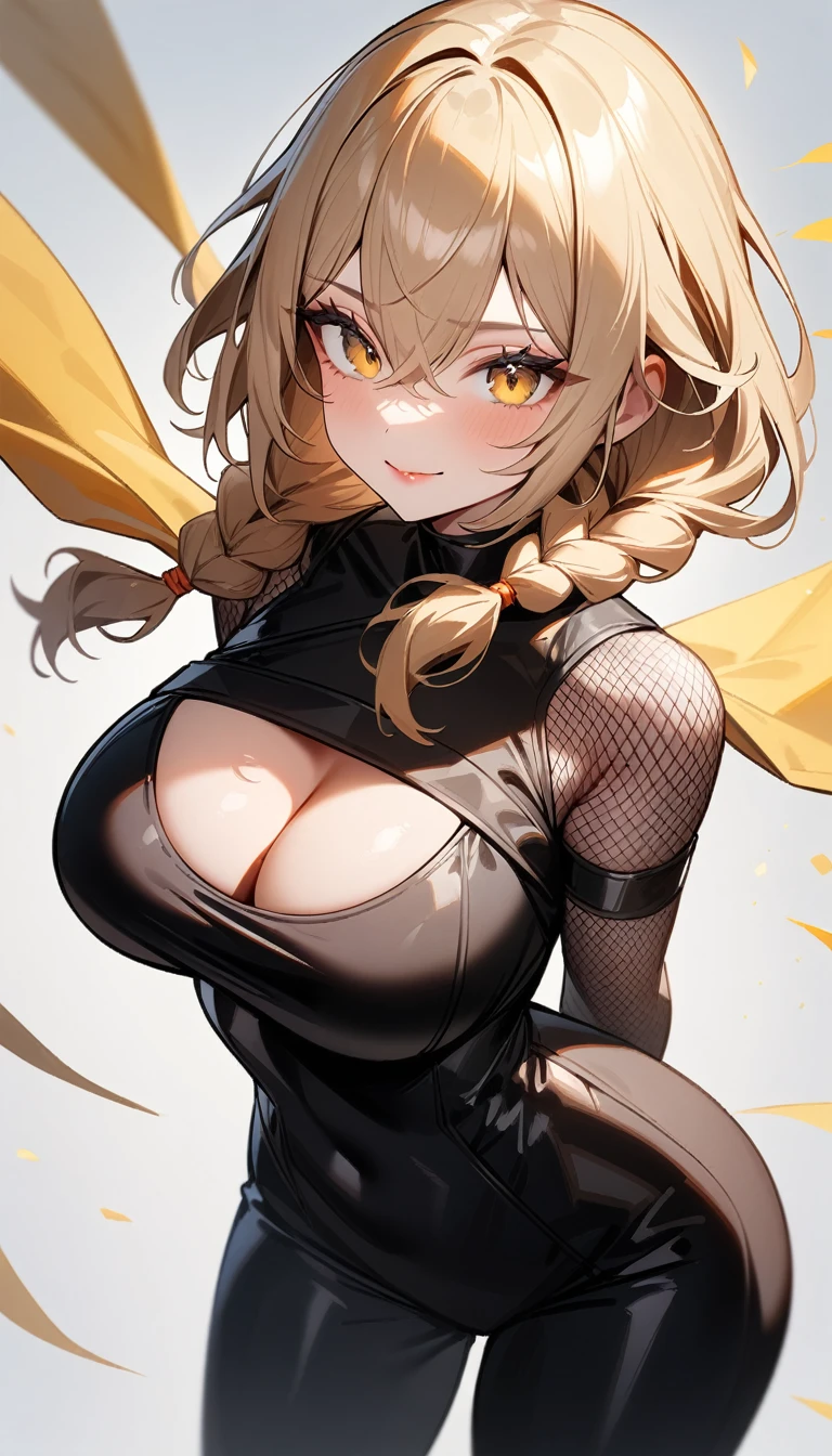 1girl,solo,super detailed skin,shiny skin,expressionless face,smile ,yellow medium hair,hairs between eyes,high-tied twin braids ,eyelashes,lips gloss ,large soft breasts,fullbodysuit,fishnet arms,cleavage cutout,ninja clothes ,arms behind back,cowboy shot,yellow wind magic,simple background,masterpiece,best quality,ultra detailed,high resolution,sharp focus