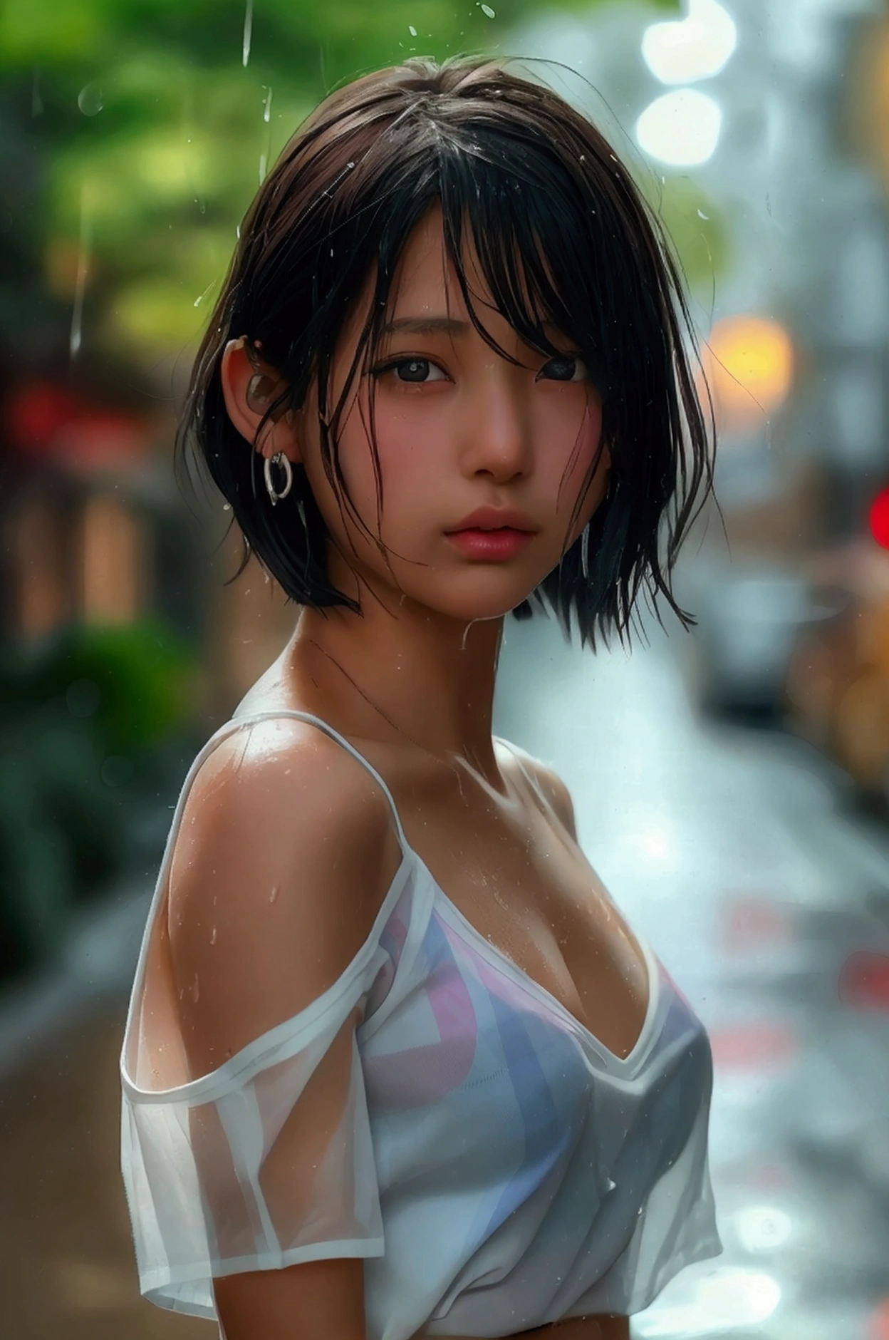 (8k, Photorealistic, Raw photo, Highest quality: 1.4),Japanese idol-style beautiful girl,1 person,17 years old,(Short Bob),(Black),She has her hair tucked behind her ears,Clear grey eyes,Eyes moist,Long eyelashes,(piercings(small)),(Lip gloss),lips(Plump,glossy),Thin and delicate shoulders,thin abdomen,(blouse(White,Short sleeve)),(Pleated skirt(Plaid)),(loafers),summer,On the way home from school,Sudden squall,Soaked from head to toe,My shirt is wet and transparent,Full body snapshot