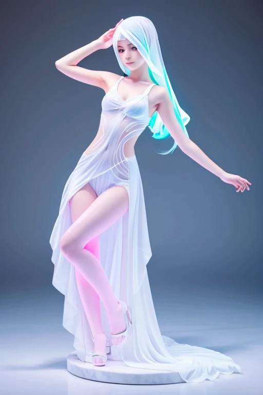 white background.an anime girl created with marble veiled in neon colors in a magical representation that surprises for her beauty,shape and dynamic poses,full shot