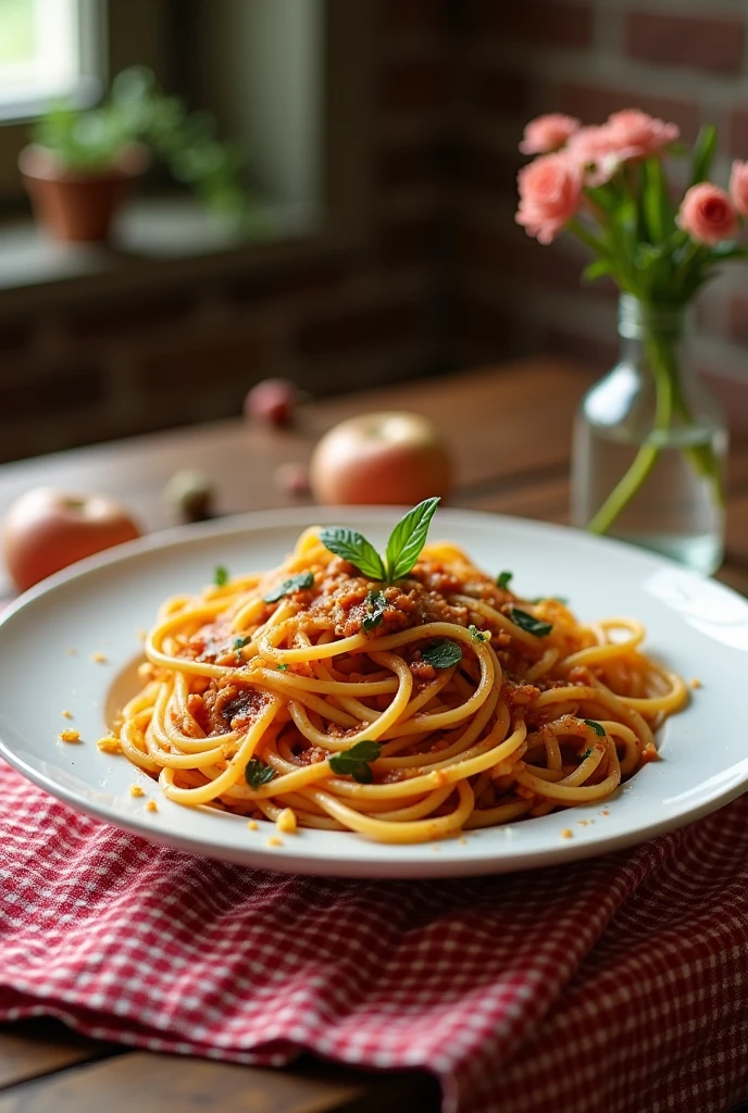 A plate of pasta on a table with a red and white cloth. More image naturalness. Pull the things from the bottom and place a small flower vase