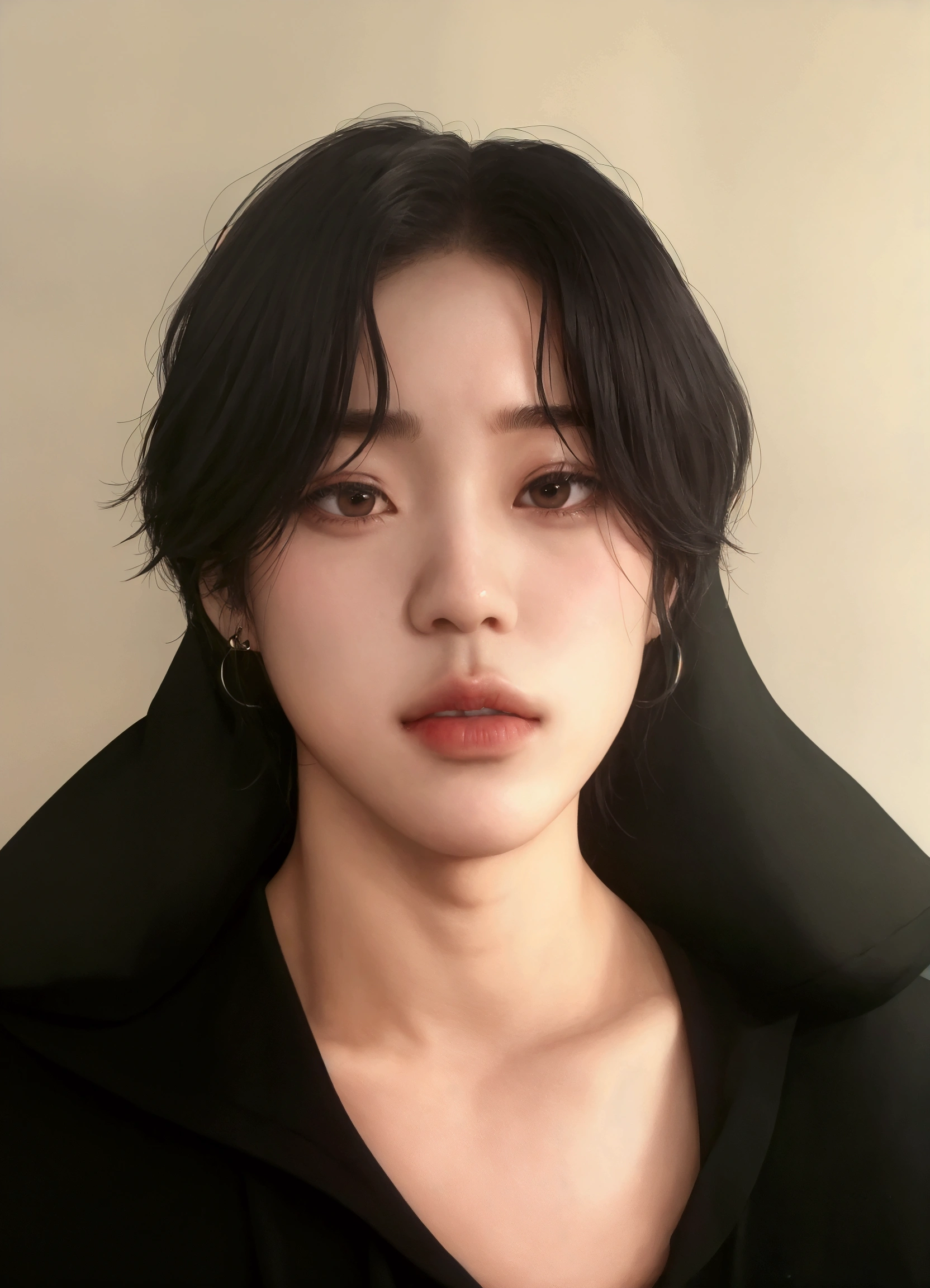 Guy with a black shirt and black jacket., Jimin\full lips, Jimin, park Jimin, TaeJune Kim, Jimin\his right eyelid is swollen, accurate Jimin face, profile headshot, taken in the early 2020s, half body headshot, Jimin\'s grecian nose, androgynous face, with short hair
