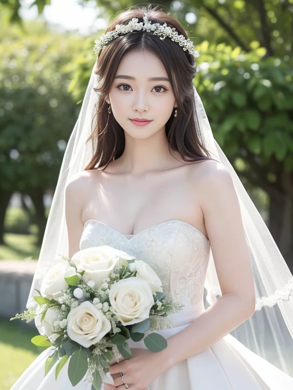 Photo-realistic quality、a woman in a Wedding dress holding a bouquet of flowers、Standing in front of the church、20 year old Japanese model、白のWedding dress,Hanae Mori style wedding dress、Japan idols at 20 years old、lace prom dresses、looking at the camera、Detailed and beautiful eyes、Cute smile、Relaxed and gentle expression、a close up of a woman in a Wedding dress holding a bouquet, Wedding dress, So magical and dreamy、Blur the background a lot、300mm F2.Shot with 8 lenses