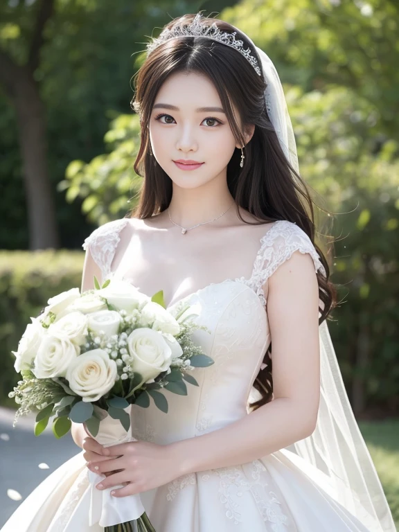 Photo-realistic quality、a woman in a Wedding dress holding a bouquet of flowers、Standing in front of the church、20 year old Japanese model、白のWedding dress,Hanae Mori style wedding dress、Japan idols at 20 years old、lace prom dresses、looking at the camera、Detailed and beautiful eyes、Cute smile、Relaxed and gentle expression、a close up of a woman in a Wedding dress holding a bouquet, Wedding dress, So magical and dreamy、Blur the background a lot、300ｍｍ F2.Shot with 8 lenses