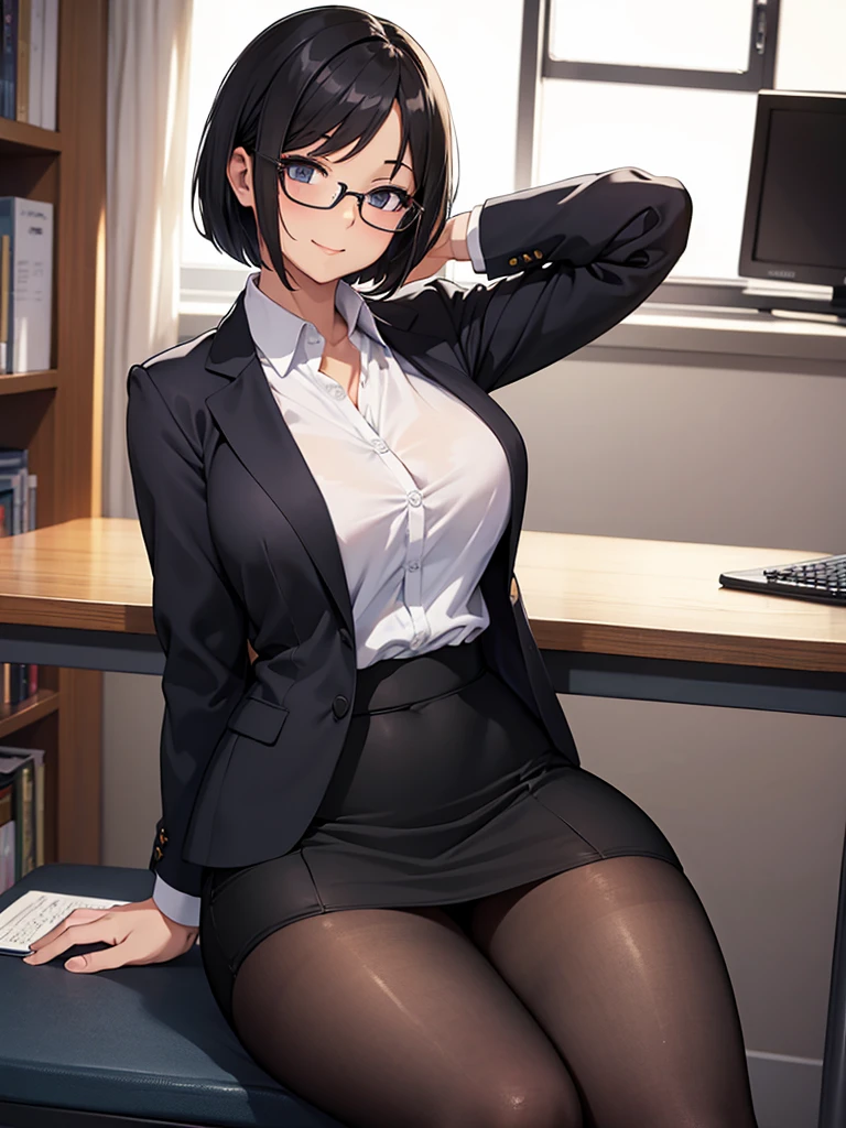 masterpiece, best quality, high definition images, atmospheric perspective, expressive eyes, perfect face, ultra detailed, solo,  1mature seductive woman while undressing, sitting on desk, alluring pose, sexy, black short bob hair, simple glasses, calm smile, shy, female teacher, business suit, jacket, blouse, pencil skirt, tight mini skirt, lifting skirt, spread legs, black panties, curvy, thighs, pantyhose, high heals,  in study room,