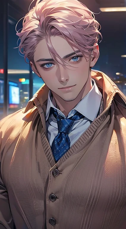 (Highest quality,4K,8K,High resolution,masterpiece:1.2),Super detailed,(Realistic,photoRealistic,photo-Realistic:1.37),1 person,31 years old,Mature Men,Beautiful skin、very handsome,Expressionless,smile,Short gray pink hair,blue eyes,Sharp Eyes,A perfect face without a doubt,Businessman,Office Background,Cinema Lighting,HDR image,tie、