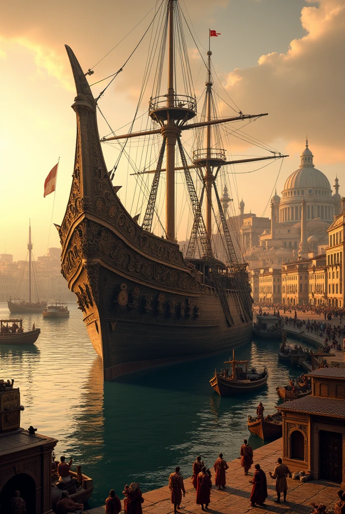 Huge Roman ship with side view in Roman Dock with Rome in background 
