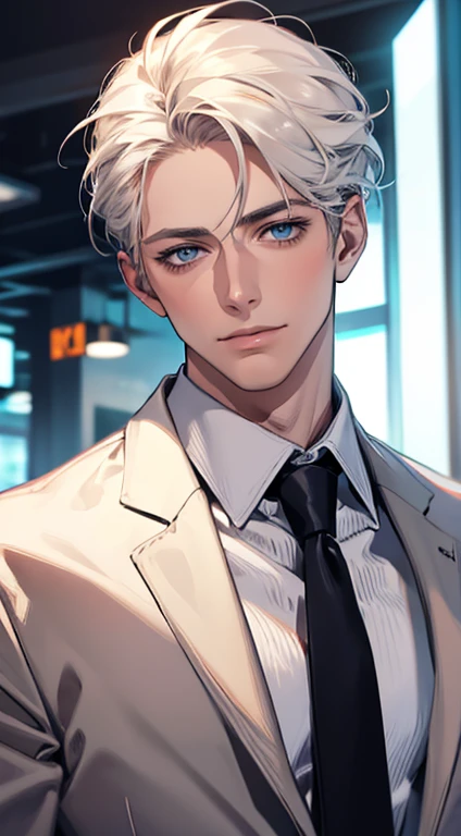 (Highest quality,4K,8K,High resolution,masterpiece:1.2),Super detailed,(Realistic,photoRealistic,photo-Realistic:1.37),1 person,31 years old,Mature Men,Beautiful skin、very handsome,Expressionless,smile,Short white hair,blue eyes,Sharp Eyes,A perfect face without a doubt,Businessman,Office Background,Cinema Lighting,HDR image,tie、