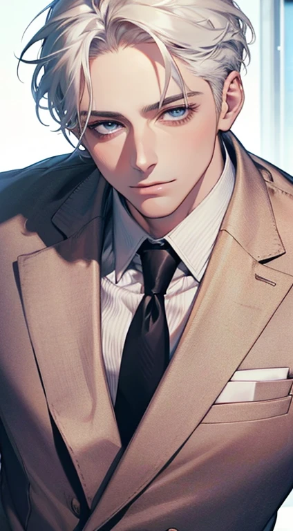 (Highest quality,4K,8K,High resolution,masterpiece:1.2),Super detailed,(Realistic,photoRealistic,photo-Realistic:1.37),1 person,31 years old,Mature Men,Beautiful skin、very handsome,Expressionless,smile,Short white hair,blue eyes,Sharp Eyes,A perfect face without a doubt,Businessman,Office Background,Cinema Lighting,HDR image,tie、