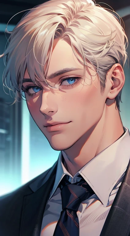 (Highest quality,4K,8K,High resolution,masterpiece:1.2),Super detailed,(Realistic,photoRealistic,photo-Realistic:1.37),1 person,31 years old,Mature Men,Beautiful skin、very handsome,Expressionless,smile,Short white hair,blue eyes,Sharp Eyes,A perfect face without a doubt,Businessman,Office Background,Cinema Lighting,HDR image,tie、