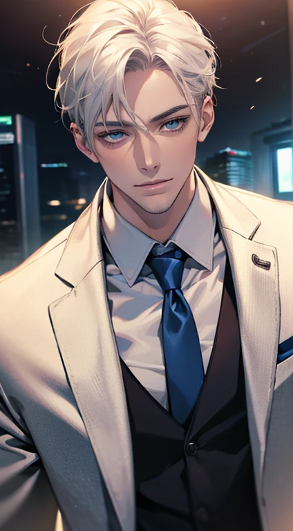 (Highest quality,4K,8K,High resolution,masterpiece:1.2),Super detailed,(Realistic,photoRealistic,photo-Realistic:1.37),1 person,31 years old,Mature Men,Beautiful skin、very handsome,Expressionless,smile,Short white hair,blue eyes,Sharp Eyes,A perfect face without a doubt,Businessman,Office Background,Cinema Lighting,HDR image,tie、