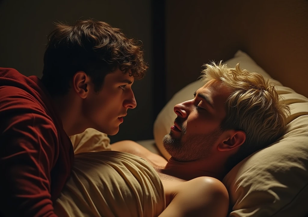 image where a young man of about 30 years old with dark hair sneaks up in the middle of the night to a Roman emperor with short, graying blond hair, about 55 years old and thin, who is sleeping in his chambers in the ancient Roman empire