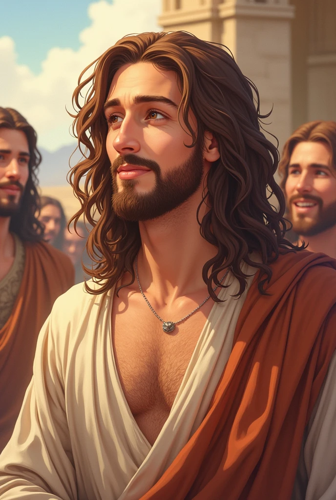 Young Man、A soft smile、Jesus、Wavy Long Hair、Chestnut Hair、Samaria 2000 years ago、Having a pleasant conversation with his disciples、Japanese subculture style illustrations、Everyone is friendly and having fun、relax、Japanese anime style illustration、Sparkling、No chest hair、Thin beard