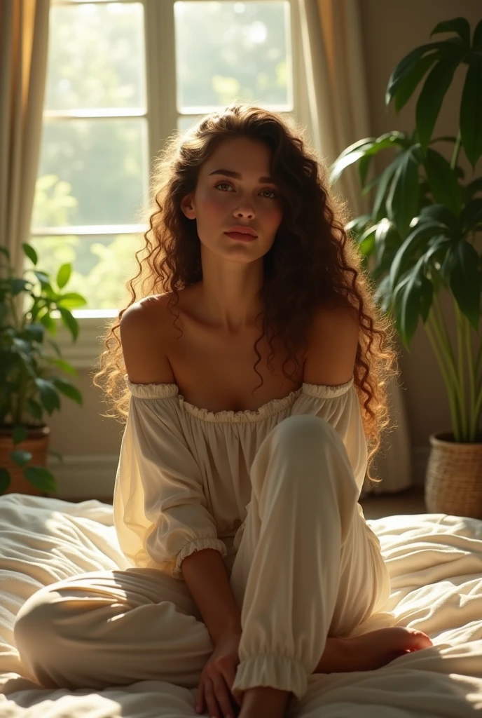 (photorealism:1.2), beautiful woman, sitting on bed, wearing loose off-shoulder top, pajama pants, long curly hair, indoors, soft lighting, plants in background, window with sunlight, cozy room, relaxed pose, realistic, intricate details, warm colors, by Greg Rutkowski, by Alphonse Mucha