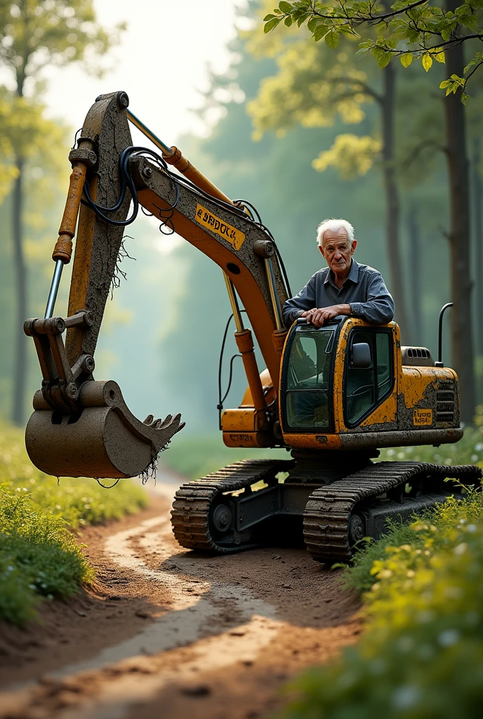 A surreal and whimsical scene depicting an elderly man driving a uniquely designed excavator made entirely of intertwined tree roots and earthy textures. The machine features a rustic, organic appearance, blending seamlessly with the natural surroundings of a rural landscape. The background showcases green foliage and a dirt road, enhancing the earthy aesthetic. The lighting is soft and warm, capturing the early morning ambiance, emphasizing the harmony between man and nature in this imaginative setting.