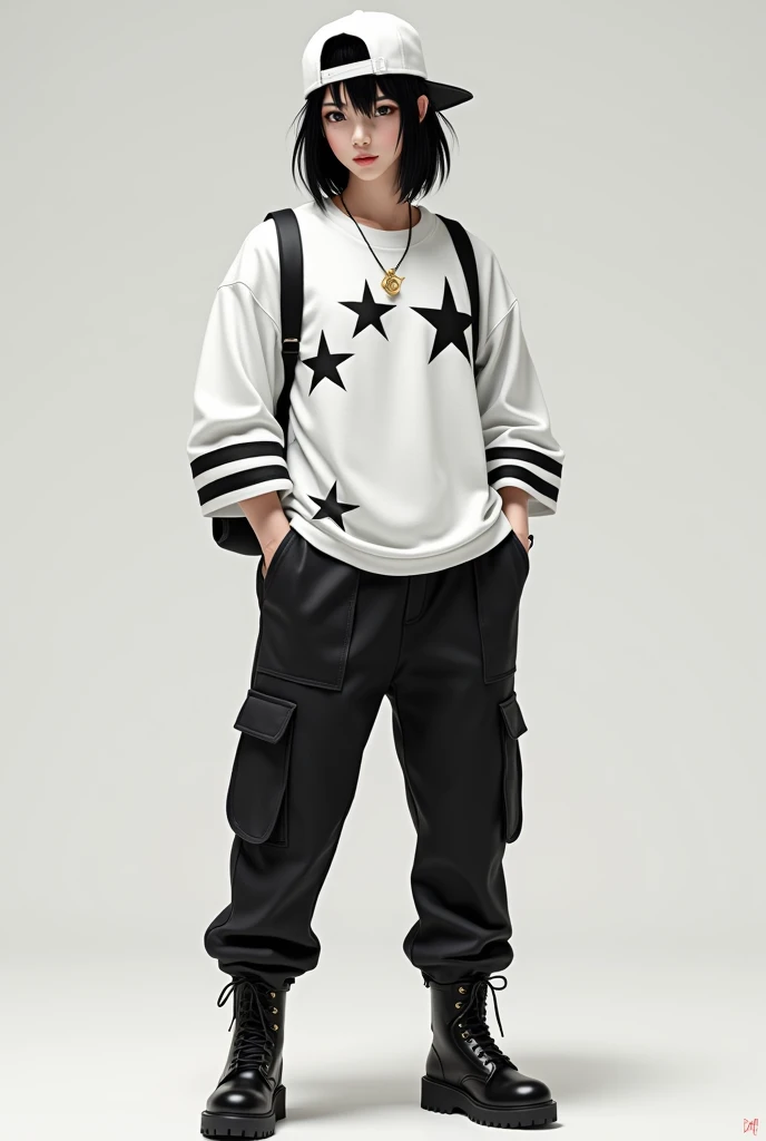 black hair with a white backwards cap, white shirt with black stars and 2 black stripes at the end of the short sleeve, black cargo pants and black boots