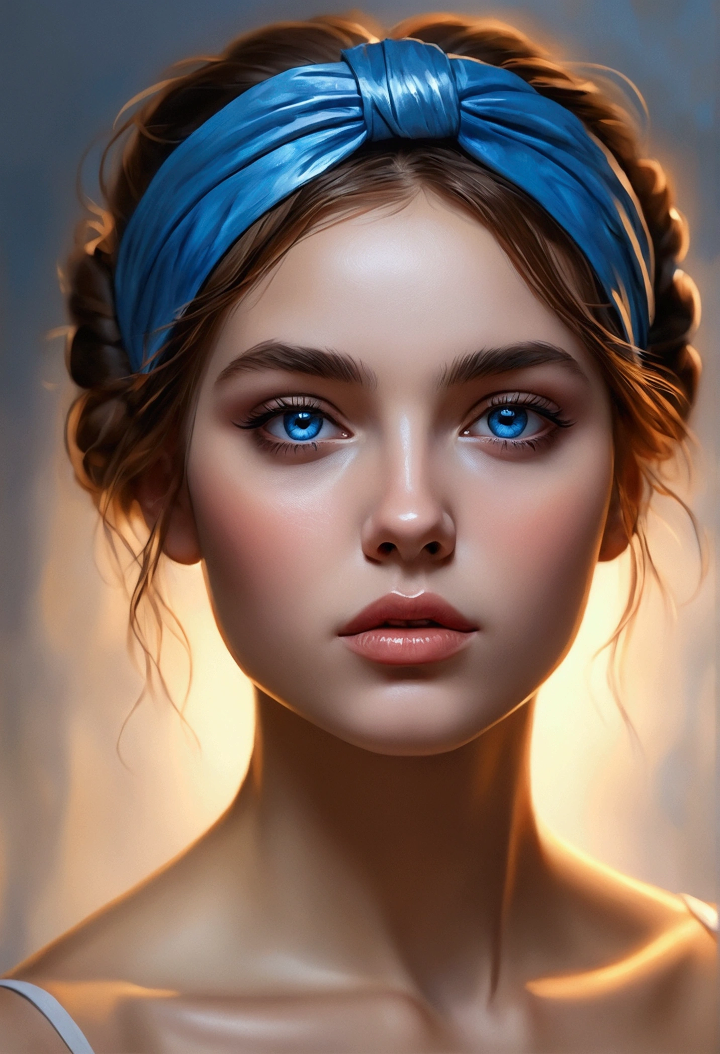 bare woman (8k, best qualityer, work of art: 1.2), (best qualityer: 1.0), (ultra-high resolution: 1.0), water colour, a beautiful woman, (shiny pupils,Blue pupils),shoulders, headband, Ines Cecilia, bust portrait, extremely bright design, pastel colours, autumn lights, moody gray, bold style Alexei Savlasov style, Ivan Shichkin, Ilya Repin, (card retouching: 1.2), 2d, (oil painting: 1.2) highy detailed
