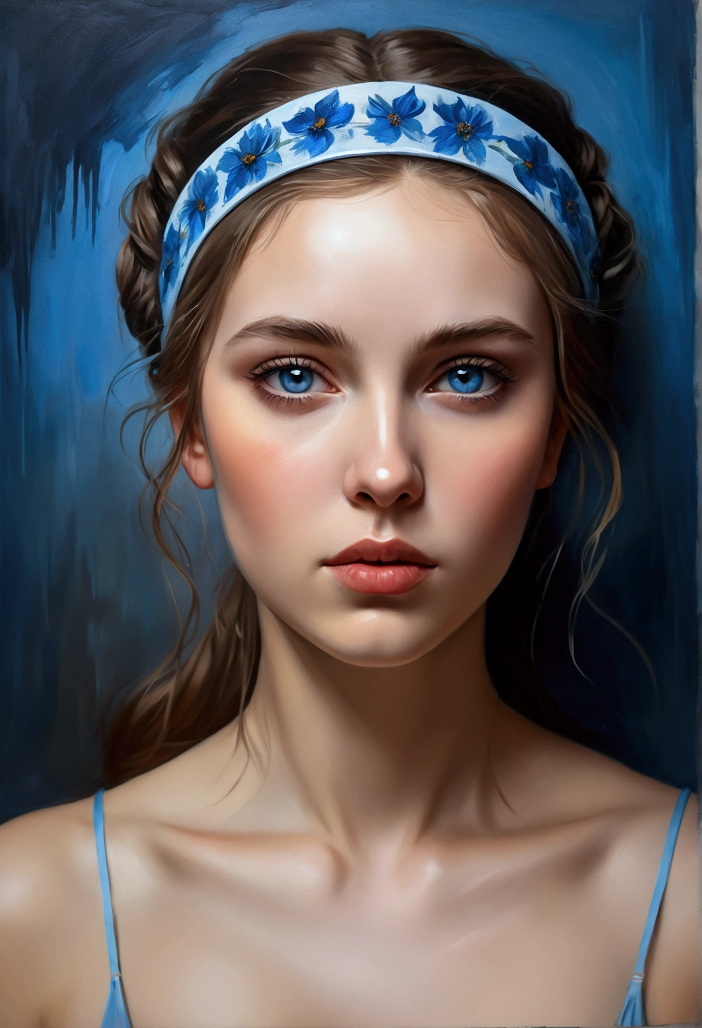 bare woman (8k, best qualityer, work of art: 1.2), (best qualityer: 1.0), (ultra-high resolution: 1.0), water colour, a beautiful woman, (shiny pupils,Blue pupils),shoulders, headband, Ines Cecilia, bust portrait, extremely bright design, pastel colours, autumn lights, moody gray, bold style Alexei Savlasov style, Ivan Shichkin, Ilya Repin, (card retouching: 1.2), 2d, (oil painting: 1.2) highy detailed