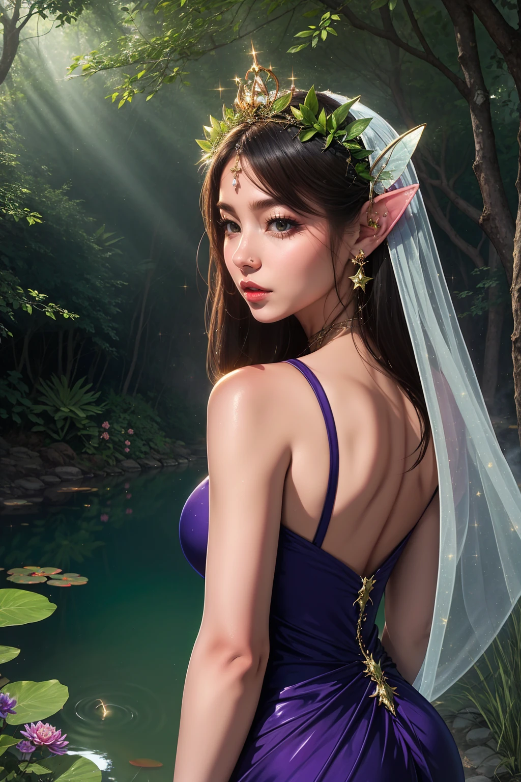 Large bust,(Fairy:1.2),(high resolution,best quality,Like a dream,obsessed,in the forest,Fairy),(Vibrant colors,Extremely detailed,Realistically:1.37),(beautiful eyes,Dappled sunlight,Bizarre creatures,Mysterious shimmering mist,Evocative atmosphere，Otherworldly beauty),(Magical light,A faint ethereal light),(Elegant colors,Wonderful colors),(Fireflies dancing,活泼的Fairy,Breeze whispering),(Lush vegetation,Majestic trees,A tranquil pond reflects the starlit path,Hidden treasure,Magical Realm),(An unforgettable journey,Unexplored wonders,Glamorous charm),floating robe,(Fairy Crown:1.2),Big Breasts