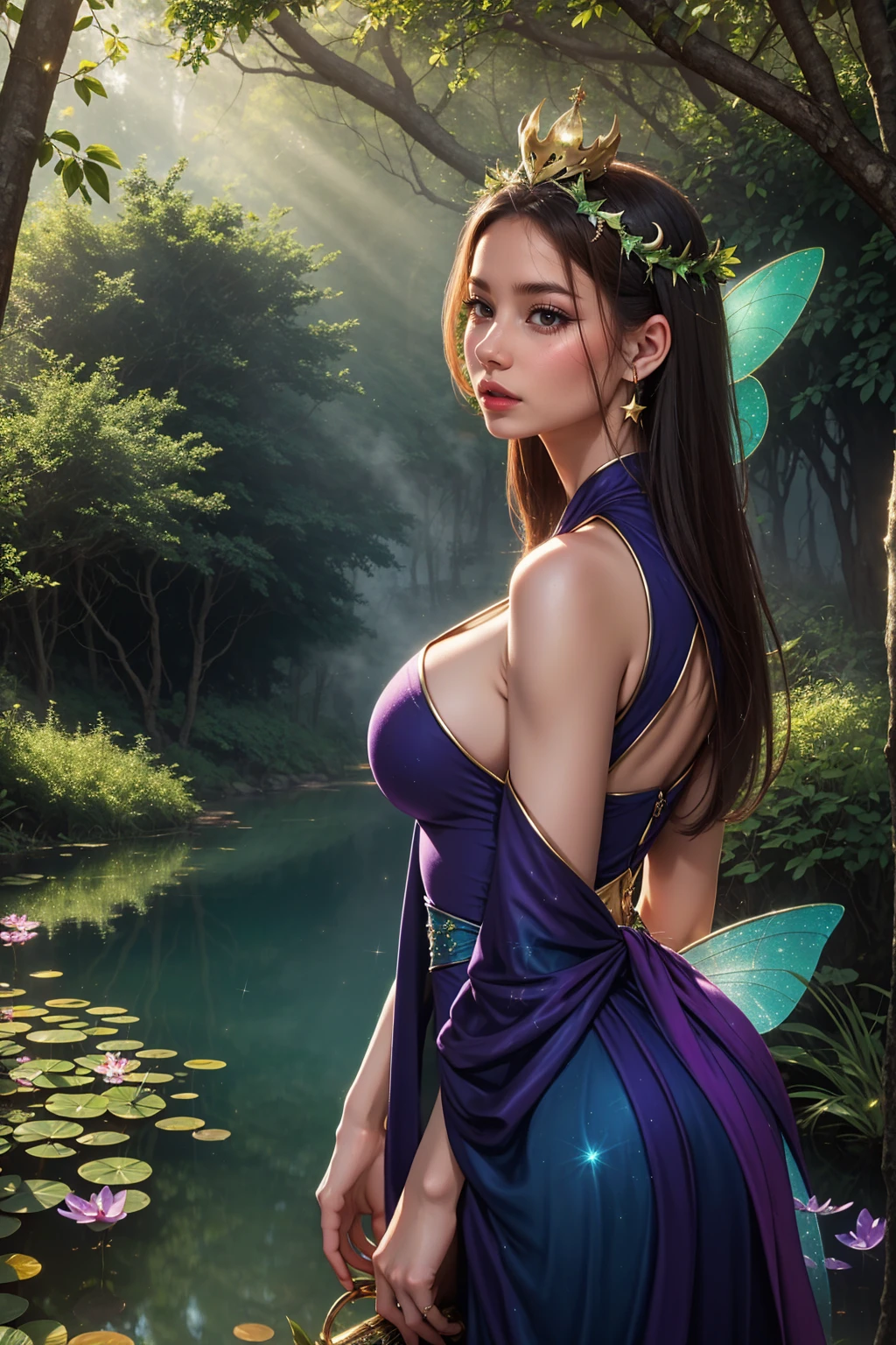 Large bust,(Fairy:1.2),(high resolution,best quality,Like a dream,obsessed,in the forest,Fairy),(Vibrant colors,Extremely detailed,Realistically:1.37),(beautiful eyes,Dappled sunlight,Bizarre creatures,Mysterious shimmering mist,Evocative atmosphere，Otherworldly beauty),(Magical light,A faint ethereal light),(Elegant colors,Wonderful colors),(Fireflies dancing,活泼的Fairy,Breeze whispering),(Lush vegetation,Majestic trees,A tranquil pond reflects the starlit path,Hidden treasure,Magical Realm),(An unforgettable journey,Unexplored wonders,Glamorous charm),floating robe,(Fairy Crown:1.2),Big Breasts