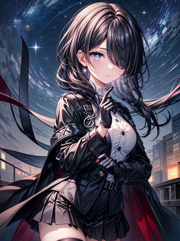 ((Oriental Project)),((masterpiece)),((leaning forward)),((Highest quality)),((Fascinating)),((alone)),((Deep blue pupils)),((Looking up at the night view from the top of the hill)),((Beautiful Blue Eyes)),((Wearing a black coat)),((Black mini skirt)),(((Wearing black tights))),((Slim body)),((length, Shiny black hair)),((Her left eye is completely hidden by her bangs)),((Her hair is parted, and you can see her eyes through it)),((Wearing black gloves)),((hair over one eye,long hair)),((Ruthless)),((Complex background)),((Hair blowing in the wind))