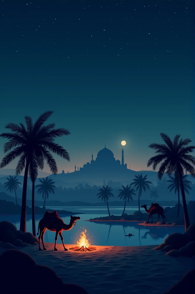 showcasing a night scene in the desert with a clear starry sky. in the foreground, there are silhouettes of palm trees and a few resting camels. In the middle of the image, there is an oasis with water reflecting the moonlight. Around the oasis, there is a small campfire burning, providing warmth to the quiet night atmosphere. In the distance, there is a faint shadow of a magnificent ancient building, perhaps a mysterious mosque or palace, adding to the magical and mystical atmosphere of this place.