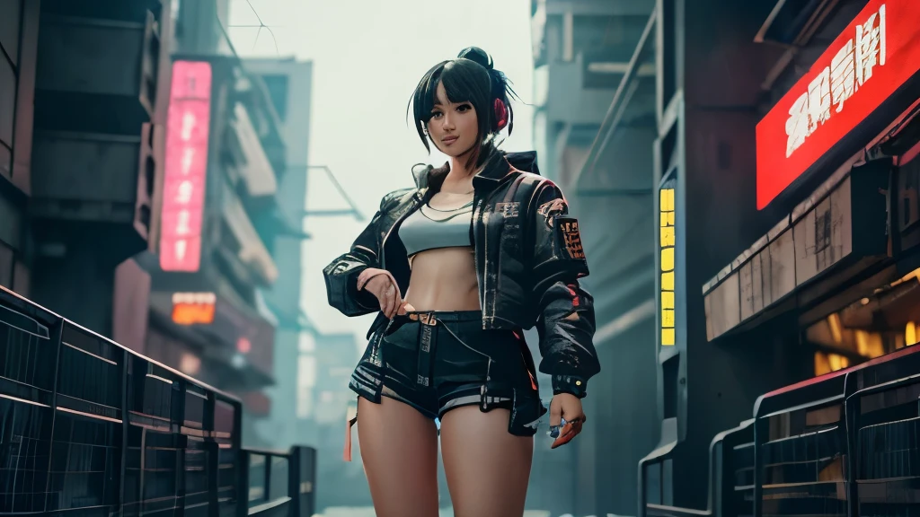 One ultra hot gorgeous woman, age 23, in short shorts and jacket standing next to giant robot, artwork in the style of guweiz, cyberpunk anime girl mech, trending on cgstation, guweiz, by Russell Dongjun Lu, digital cyberpunk anime art, ross tran 8 k, guweiz on artstation pixiv, girl in mecha cyber armor