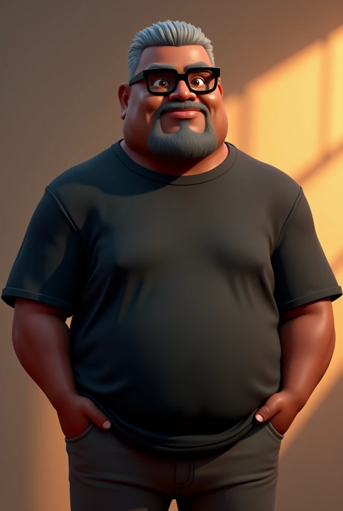 Cartoon character of a middle-aged black man with very short hair, wearing black glasses. Stylized character, animation-style rendering, 3D stylized rendering, Arnold Maya render, 3D stylized render, toon Keyshot render, 3D character, 3D stylized rendering, cartoon character, character close-up, character pose, Pixar style, high quality, cinematic lighting, sharp focus, detailed texture, detailed skin, clay, bokeh, 8K. The man should have the following characteristics: A middle-aged man strong and with a broad build and a slight overweight, casually relaxed hands. His skin tone is dark brown with a warm undertone. He has only two prominent vertical wrinkles between his eyebrows. His beard is very short, trimmed, and sparse, with more white hairs on the chin and the rest being dark gray. His hair is gray, extremely short on top, styled to the right side, and shaved on the sides. He wears modern black glasses. His eyebrows are thick and well-defined, and his eyes are very dark brown, conveying warmth and friendliness. The man is dressed in an oversized black t-shirt and dark gray pants without a belt. Incorporate the following ancestry characteristics: 43% European (17% Iberian and 17% Western European, including Germany, France, and the Netherlands), 4% Sephardic Jewish, 3% Fennoscandian, less than 2% Balkan and Lapland and Volga-Ural, 41% from the Americas, 9% from the Middle East and Maghreb, and 7% from Africa.
