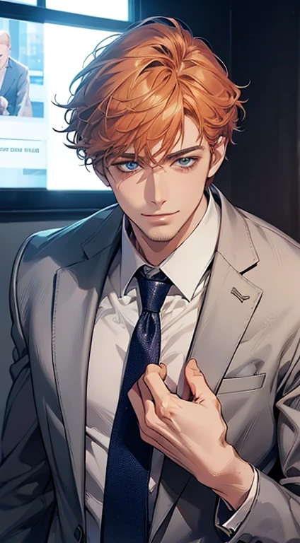 (Highest quality,4K,8K,High resolution,masterpiece:1.2),Super detailed,(Realistic,photoRealistic,photo-Realistic:1.37),1 person,33 years old,Mature Men,Beautiful skin、very handsome,Expressionless,smile,Short gray pi
Orange hair,blue eyes,Sharp Eyes,A perfect face without a doubt,Businessman,Office Background,Cinema Lighting,HDR image,tie、