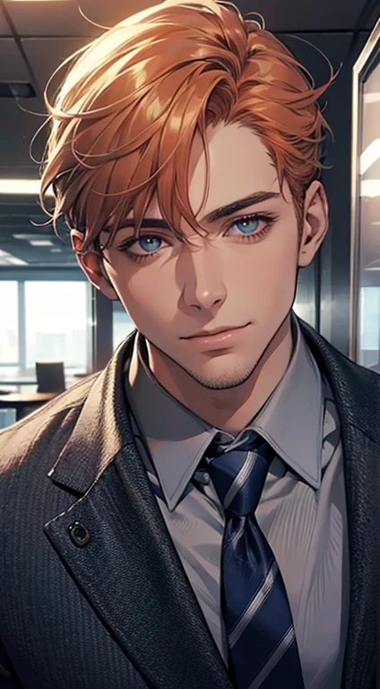 (Highest quality,4K,8K,High resolution,masterpiece:1.2),Super detailed,(Realistic,photoRealistic,photo-Realistic:1.37),1 person,33 years old,Mature Men,Beautiful skin、very handsome,Expressionless,smile,Short gray pi
Orange hair,blue eyes,Sharp Eyes,A perfect face without a doubt,Businessman,Office Background,Cinema Lighting,HDR image,tie、