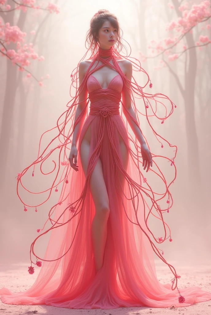 A tall, elegant warrior woman from the Sakurianas species, wearing a unique armor that reflects their abilities and beauty. The armor is lightweight, made of petal-like material that is 100 times stronger than diamond but appears delicate and organic. The armor has a shimmering pink and white color scheme, resembling the natural hues of Sakura petals. The chest plate and shoulder guards are adorned with intricate floral patterns that look like blooming Sakura flowers. The helmet is sleek, with a visor shaped like overlapping petals, and the whole armor has a flexible, almost fluid-like appearance. The armor also has glowing veins of energy running through it, matching the regenerative and powerful nature of the wearer. The background is a mystical forest, with falling Sakura petals around the warrior.
