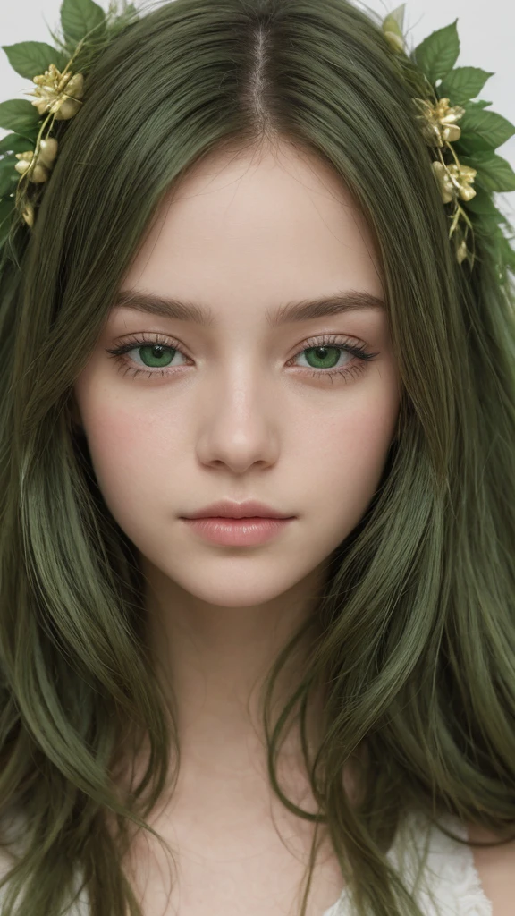 face portrait. a girl. european. extremely detailed face. oval face. delicate features. half-closed eyes. green eyes. long messy hairstyle. green hair. wreath on head