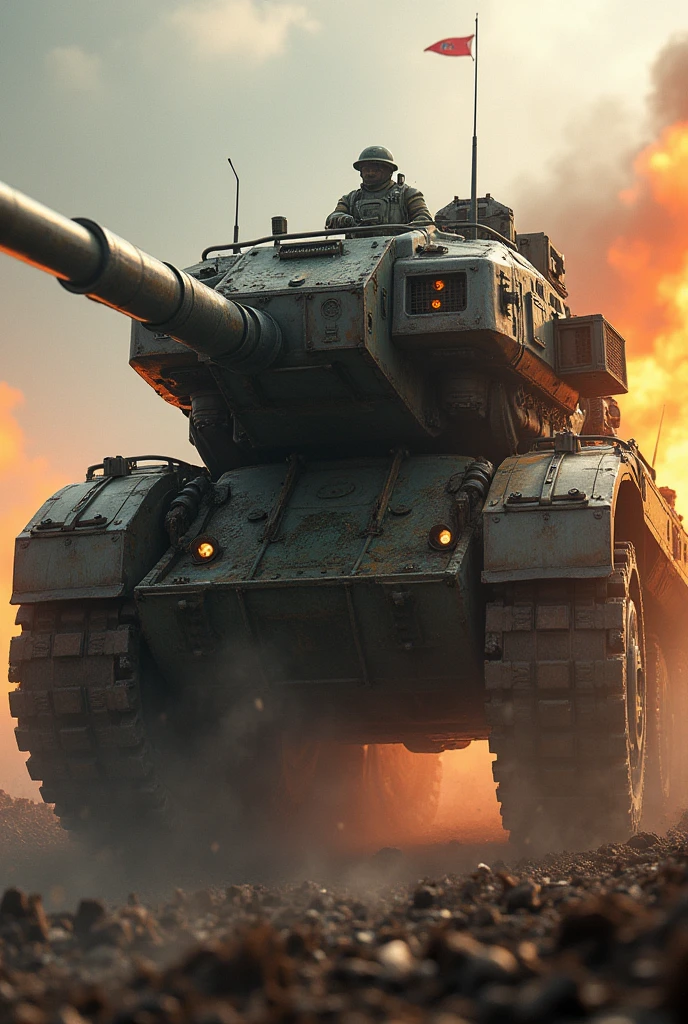 A Colt-type pistol mounted on a tank-like chassis with caterpillar tracks, a massive weapon of destruction, fires from its muzzle as it flies low over the battlefield.。Explosion and destruction、Blow away enemy camp、Gun-shaped vehicle、
