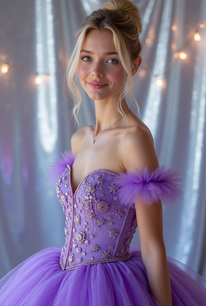 Create a young Brazilian woman in a 15th birthday photo shoot, wearing a purple princess dress, She has fair skin, Hair tied up, hair color is medium blonde and has blue eyes., with a silver image background and glitter