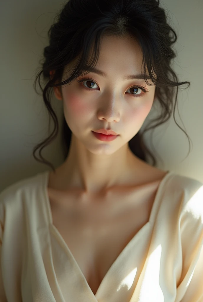 An elegantly dressed Japanese woman in natural light、A close-up of her chest and calm expression.、It shows her inner peace and outer charm.。