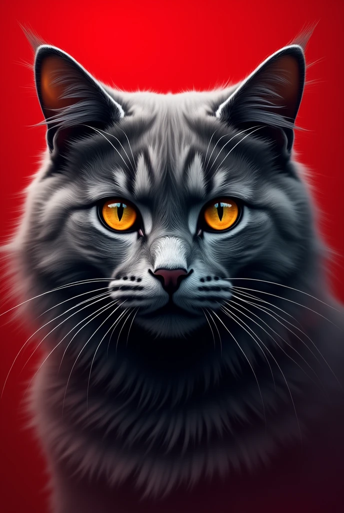 Image of a gray cat face with black stripes and the cat is furry with a red background 

